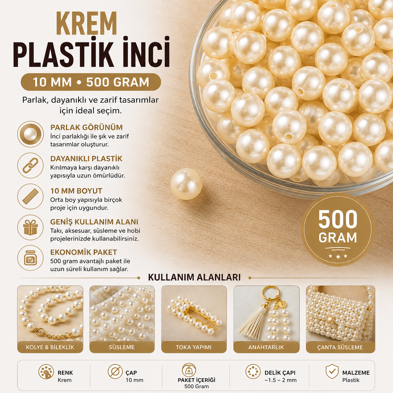 Krem Plastik İnci 10 mm 500 Gram