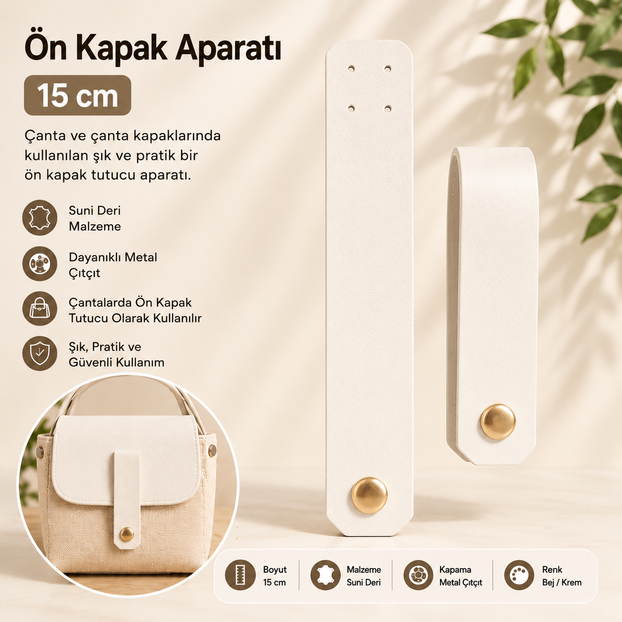 Krem Suni Deri Ön Kapak Aparatı 15 cm – Çanta Kapak Bağlantı Aksesuarı