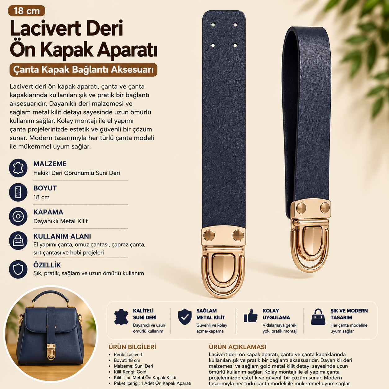 Lacivert Deri Çanta Sapı – Gold Kilit Aparatlı Çanta Askısı 18 cm