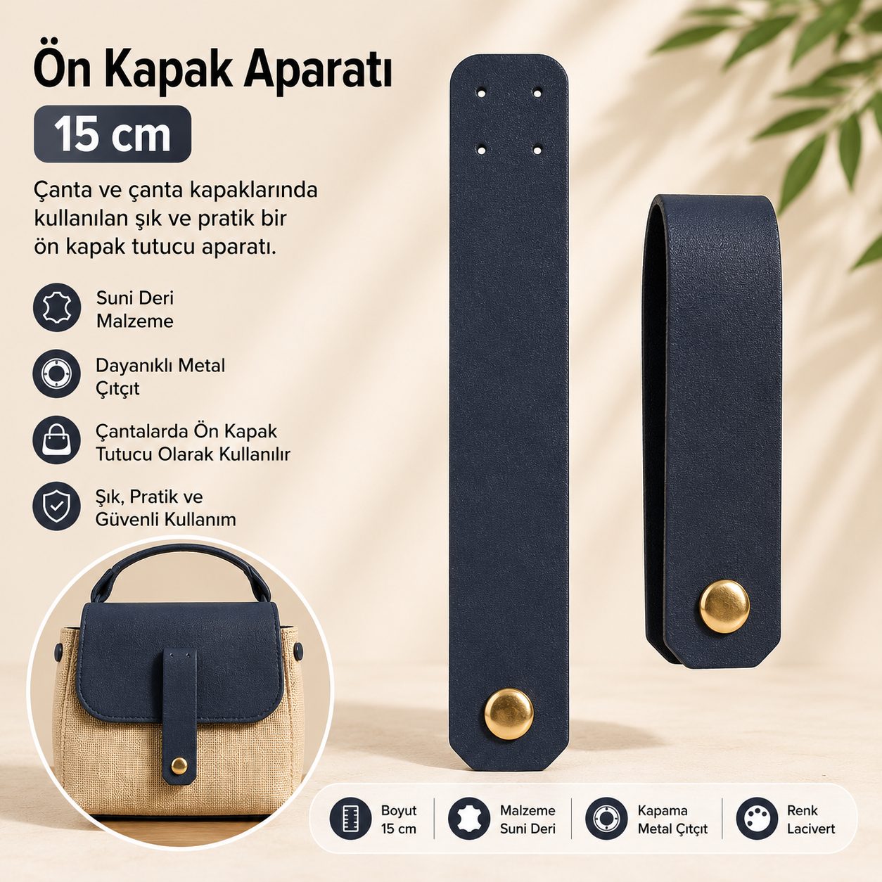 Lacivert Suni Deri Ön Kapak Aparatı 15 cm – Çanta Kapak Bağlantı Aksesuarı