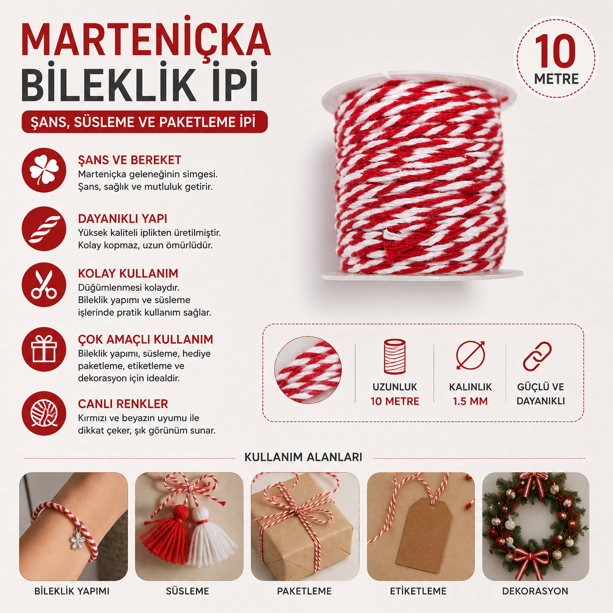 Marteniçka Bileklik İpi Şans Bileklik İpi Süsleme ve Paketleme İpi 10 Metre