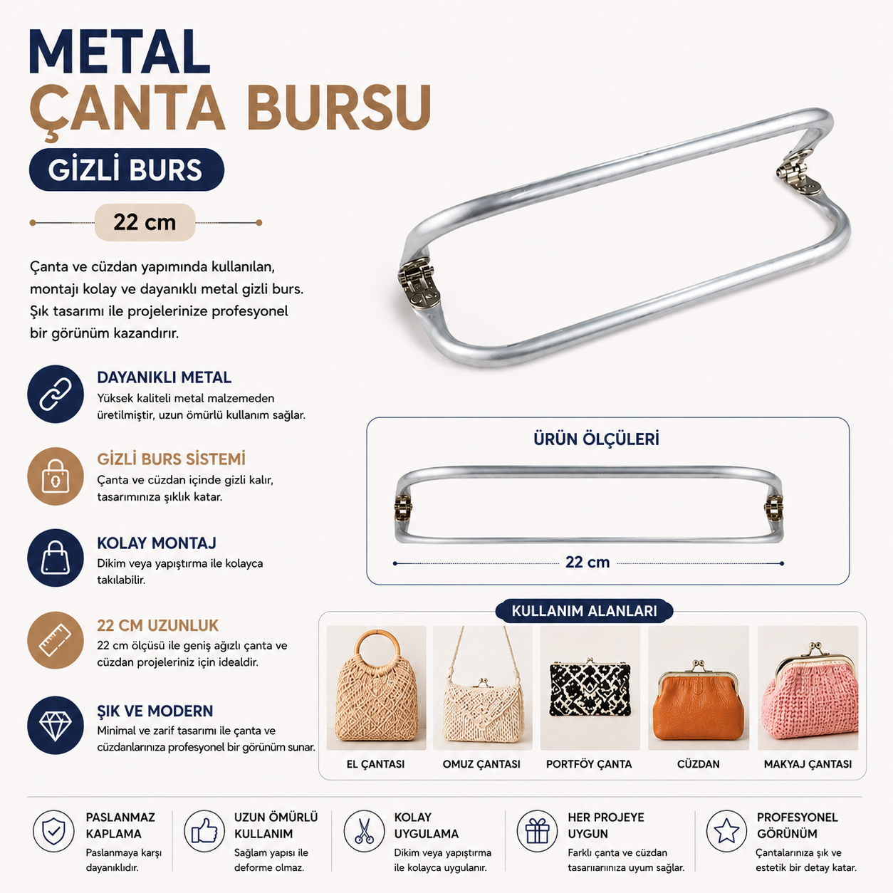 Metal Çanta Bursu - Gizli Burs 22 cm