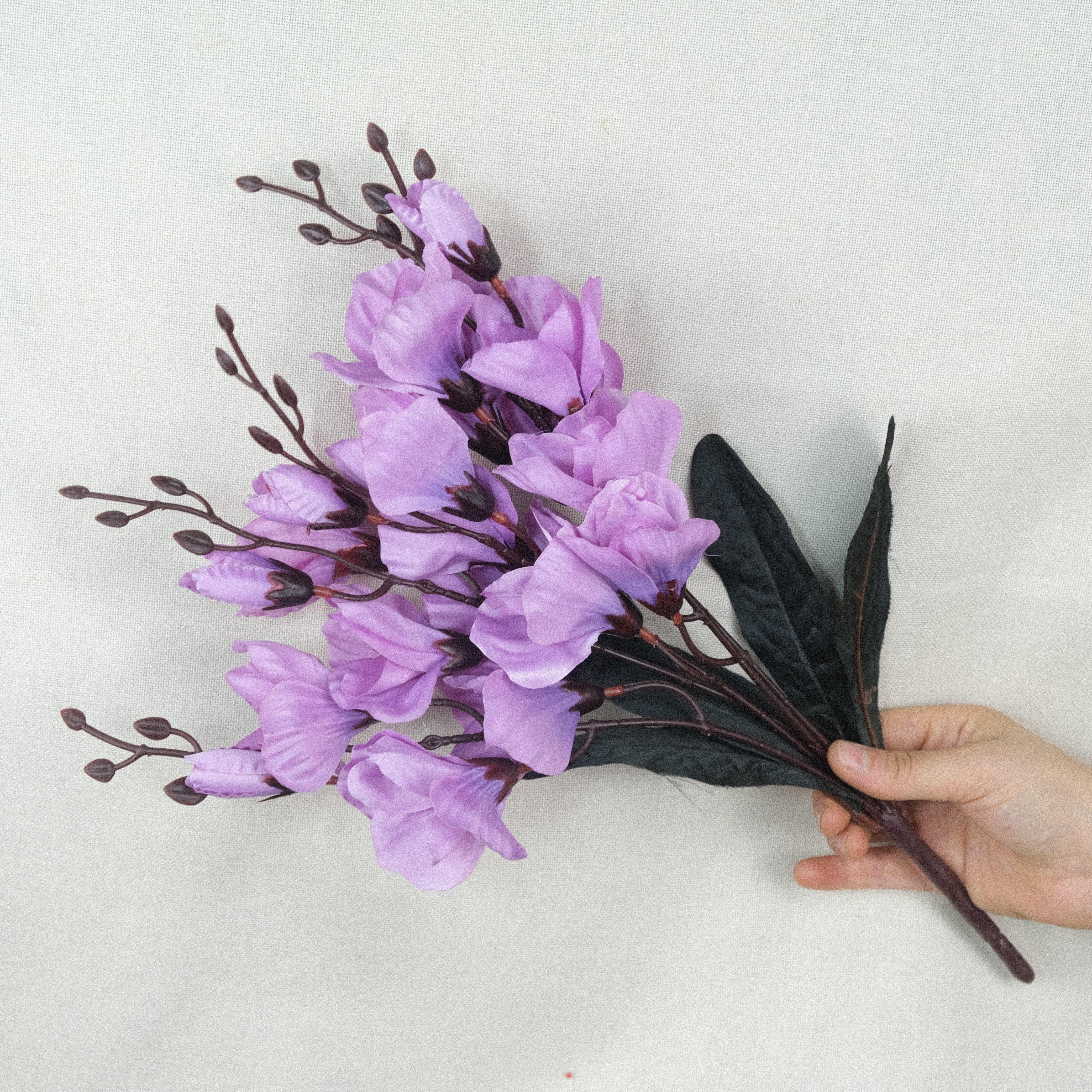 Mor Yapay Çiçek Buketi Gerçek Dokulu Tomurcuklu 5 Dal 44 cm