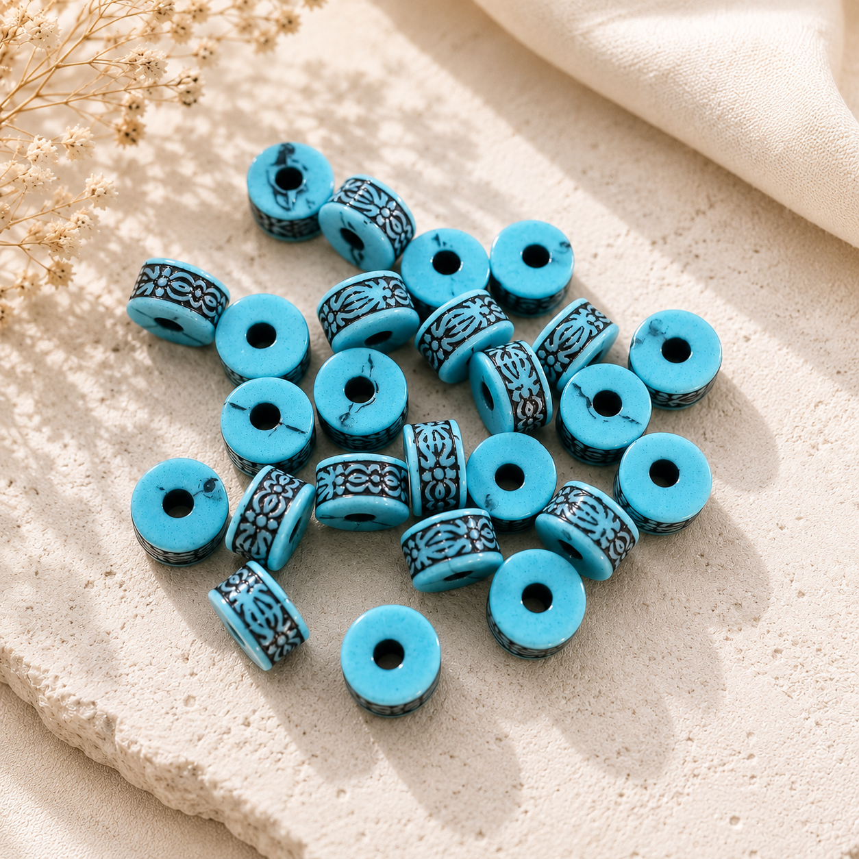 Otantik Desenli Silindir Mavi Bodrum Boncuk 8 mm - 10 gr