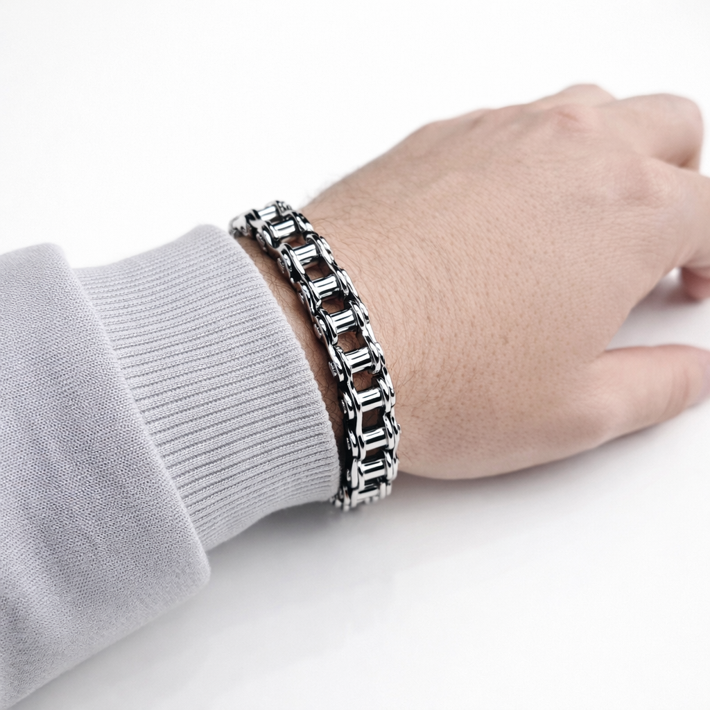 Paslanmaz Çelik Motor Zinciri Erkek Bileklik  Parlak Gümüş Renk
