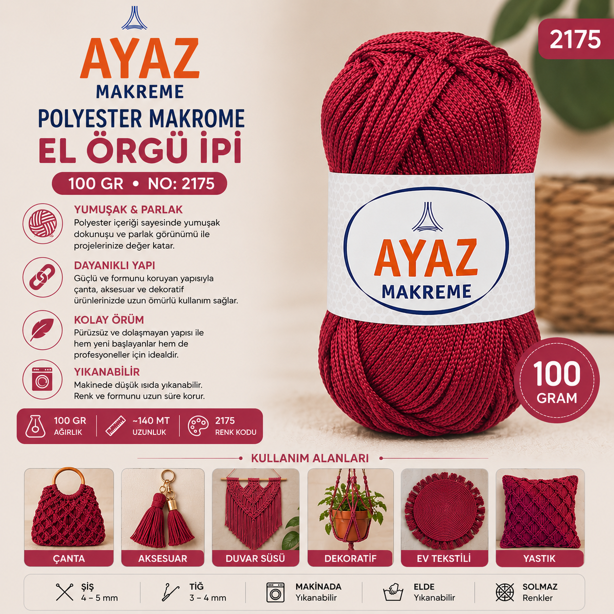 Polyester Makrome El Örgü İpi 100 gr No:2175