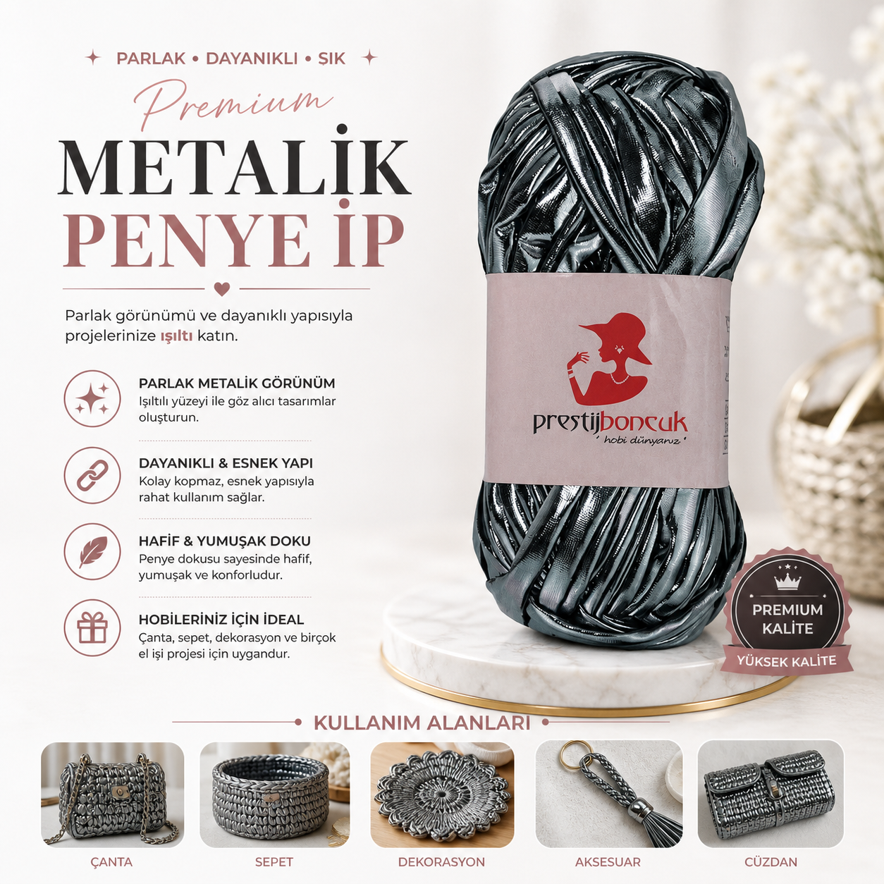 Premium Deri Görünümlü Metalik Penye İp Çanta ve Hobi Örgü İpi Füme Renk 