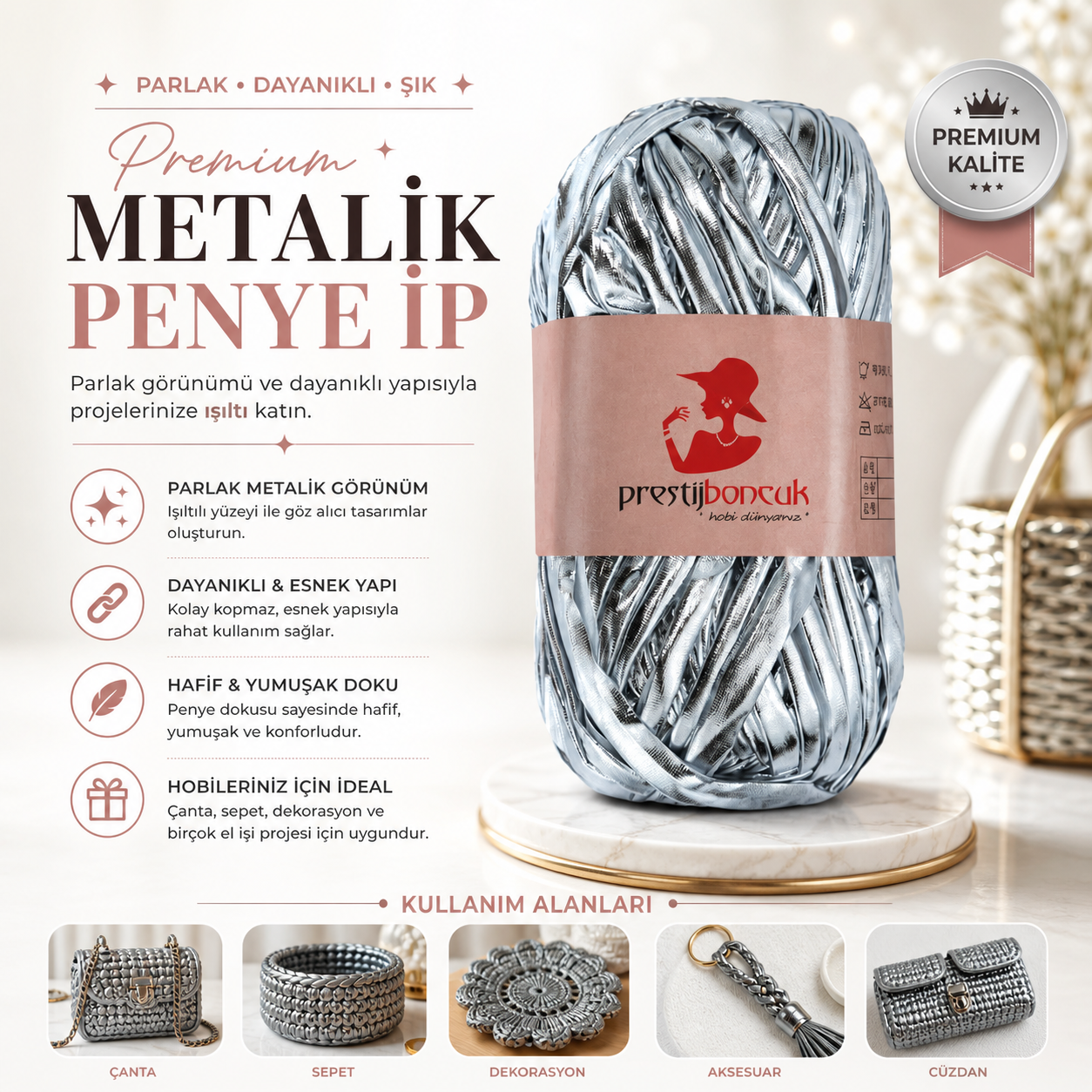 Premium Deri Görünümlü Metalik Penye İp Çanta ve Hobi Örgü İpi Gümüş Renk 