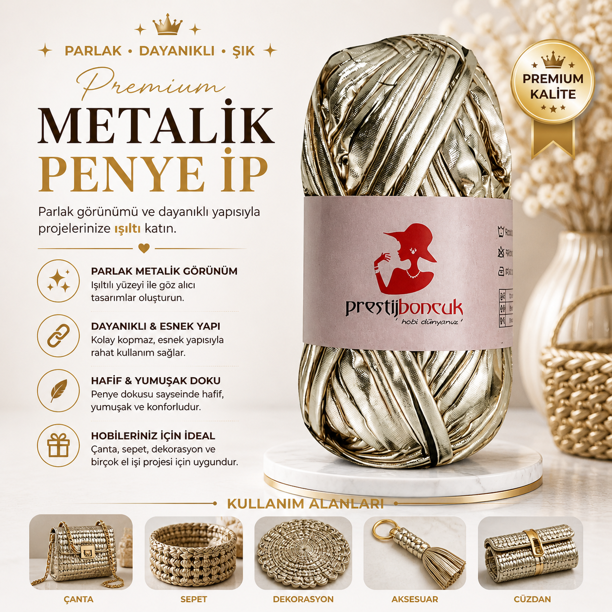 Premium Deri Görünümlü Metalik Penye İp Çanta ve Hobi Örgü İpi Şampanya Renk 