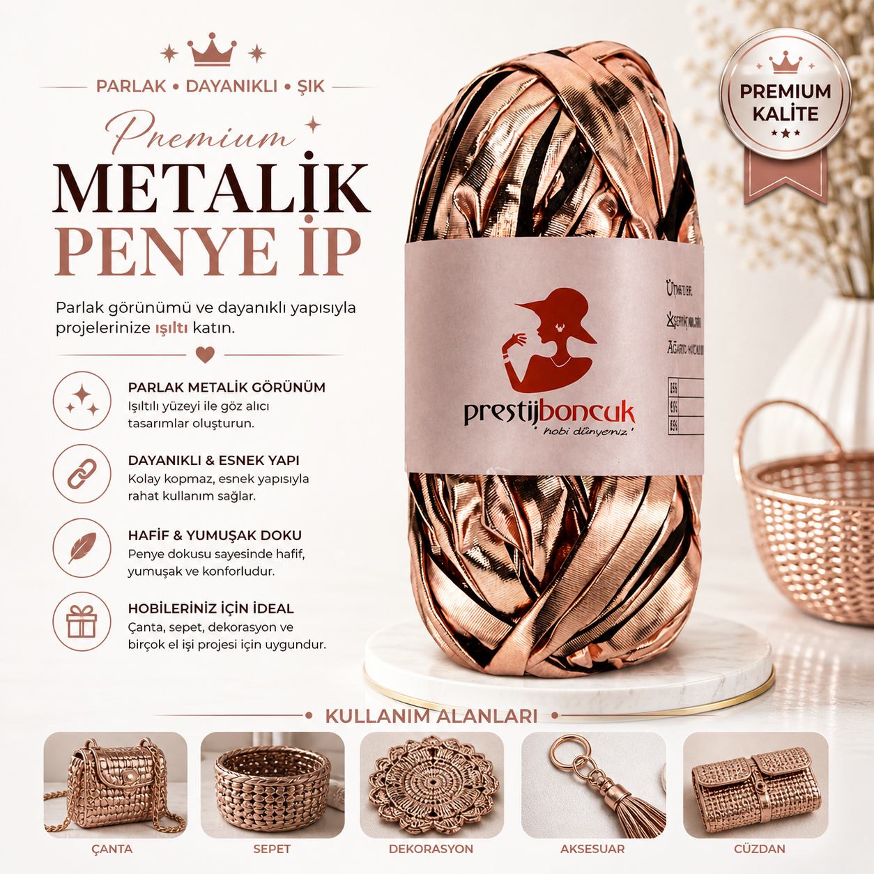 Premium Deri Görünümlü Metalik Penye İp Çanta ve Hobi Örgü İpi Rose Renk 