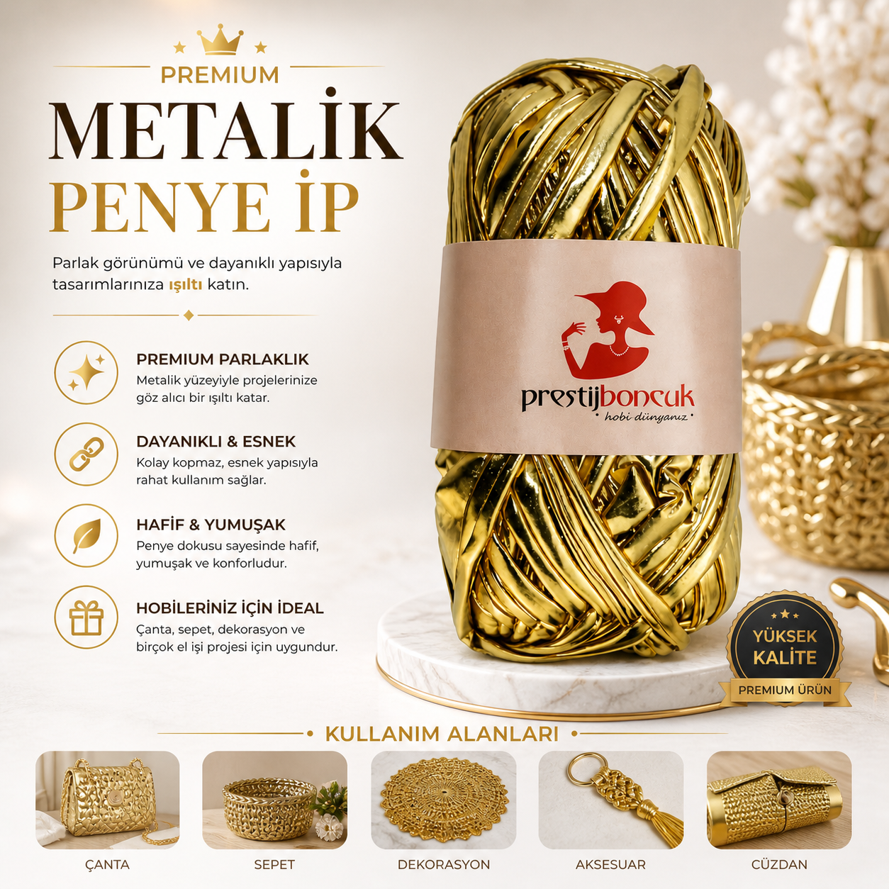 Premium Deri Görünümlü Metalik Penye İp Çanta ve Hobi Örgü İpi Altın Renk 