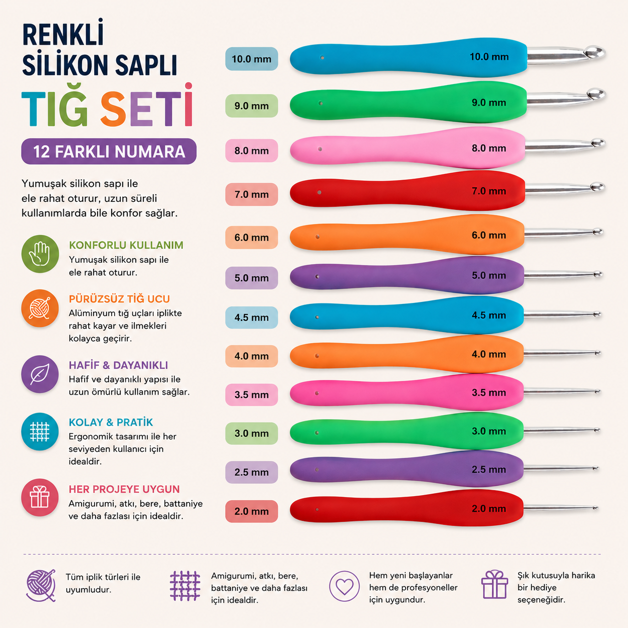 Renkli Silikon Saplı 12 Farklı Numaralı Tığ Seti