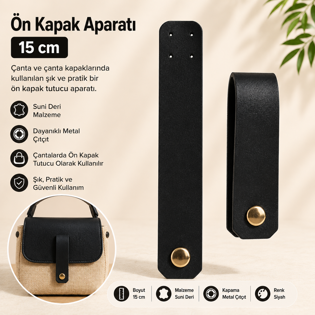 Siyah Suni Deri Ön Kapak Aparatı 15 cm – Çanta Kapak Bağlantı Aksesuarı