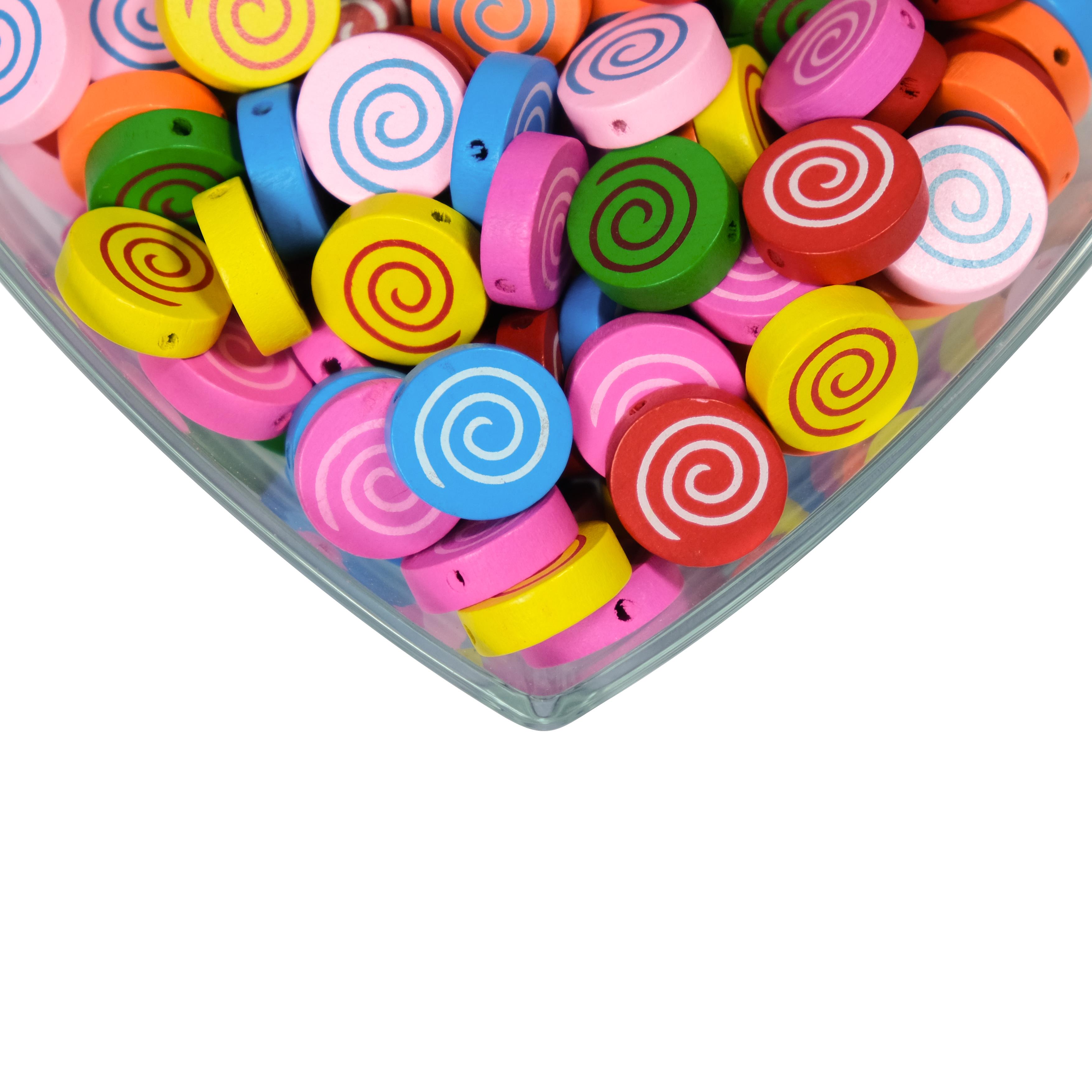 Spiral Desenli Ahşap Yuvarlak Boncuk Karışık Renkli