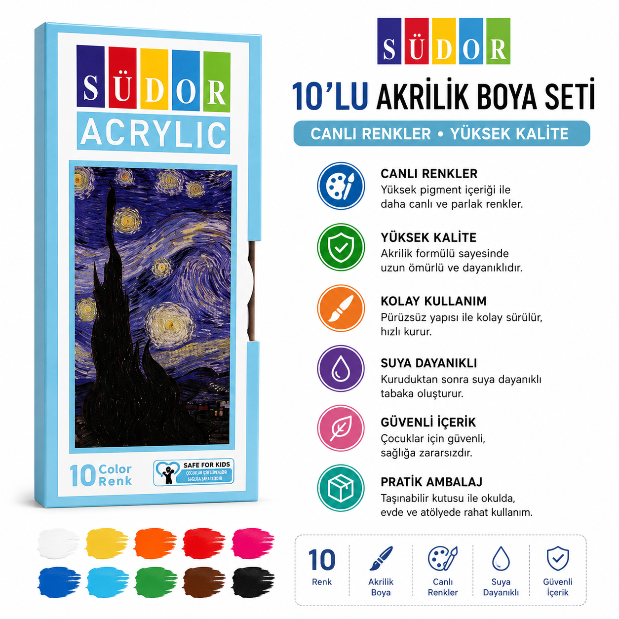 Südor Akrilik Boya 10'lu Plastik Şişe 15ml
