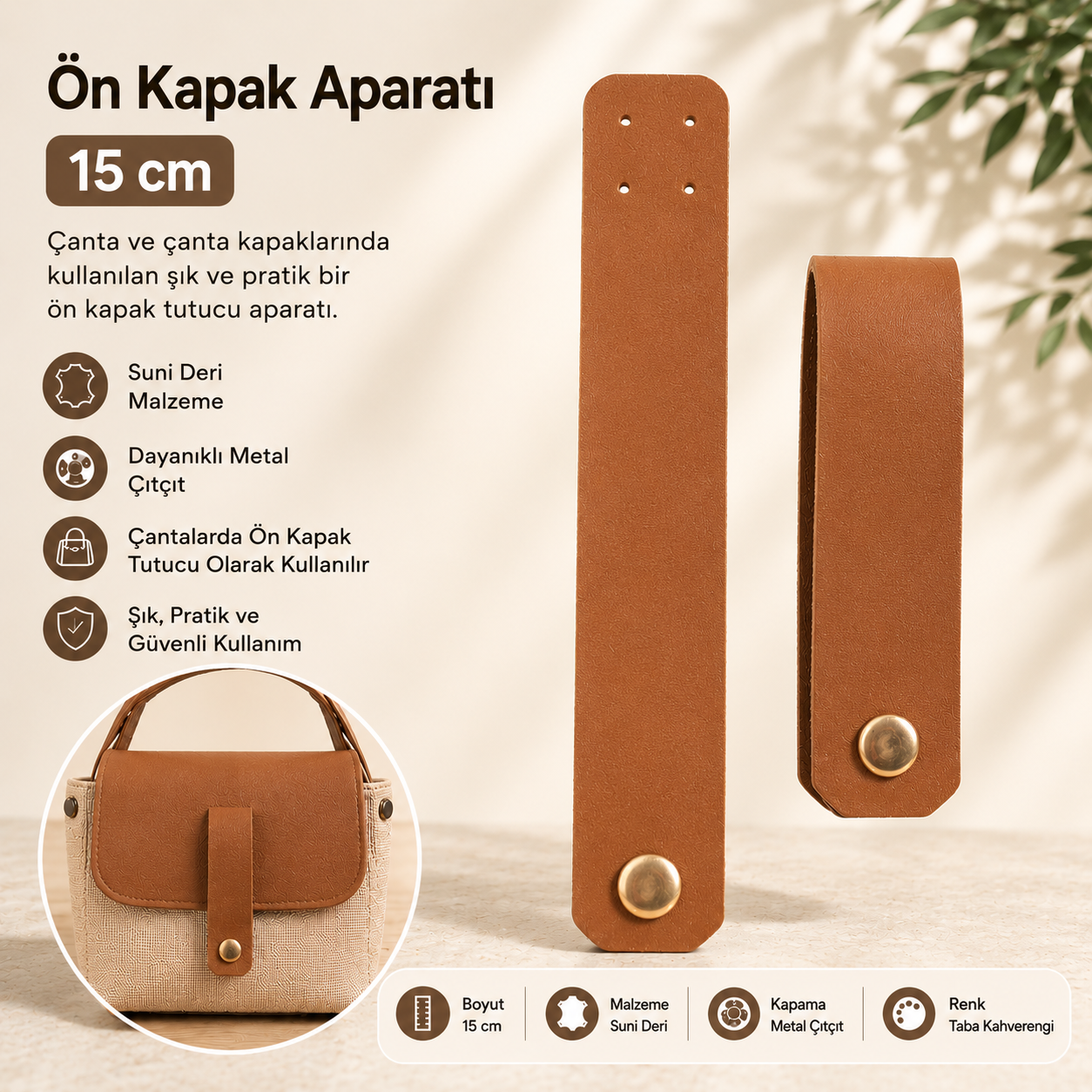 Taba Suni Deri Ön Kapak Aparatı 15 cm – Çanta Kapak Bağlantı Aksesuarı