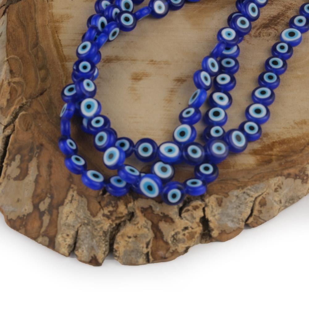 Yassı Cam Nazar Boncuğu Dizisi El Yapımı 10 mm Koyu Mavi