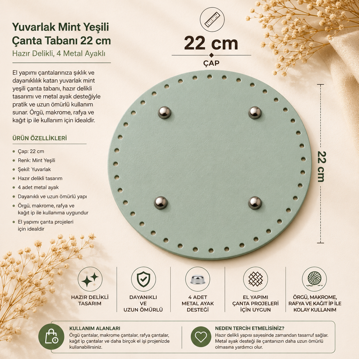 Yuvarlak Mint Yeşili Çanta Tabanı 22 cm – Hazır Delikli 4 Metal Ayaklı