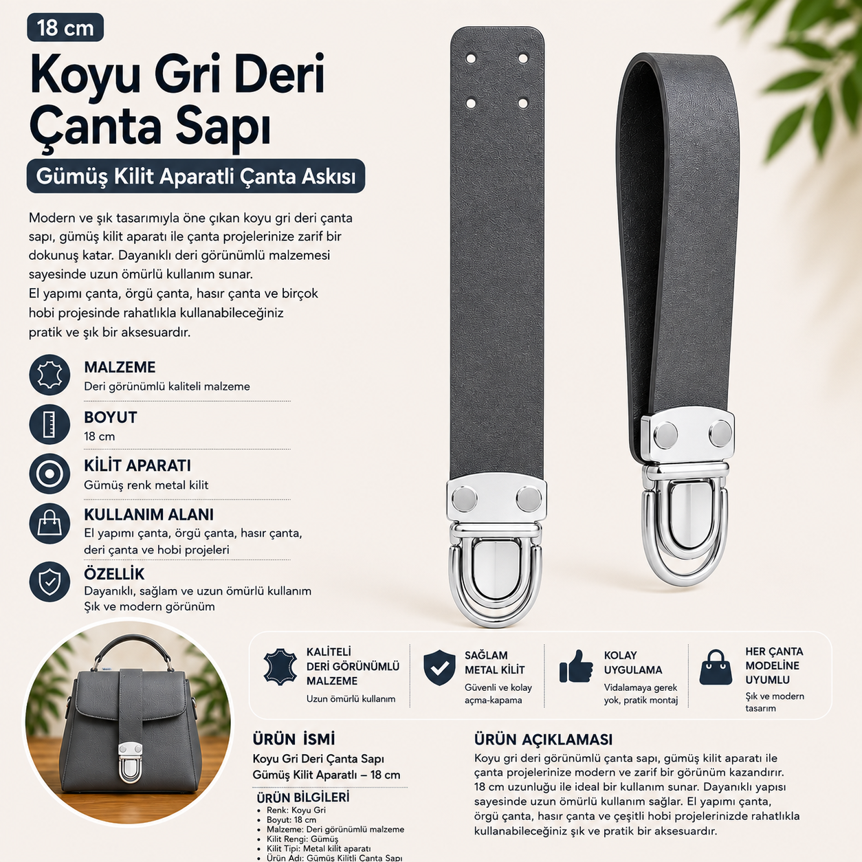 18 cm Koyu Gri Deri Görünümlü Çanta Sapı – Gümüş Kilit Aparatlı