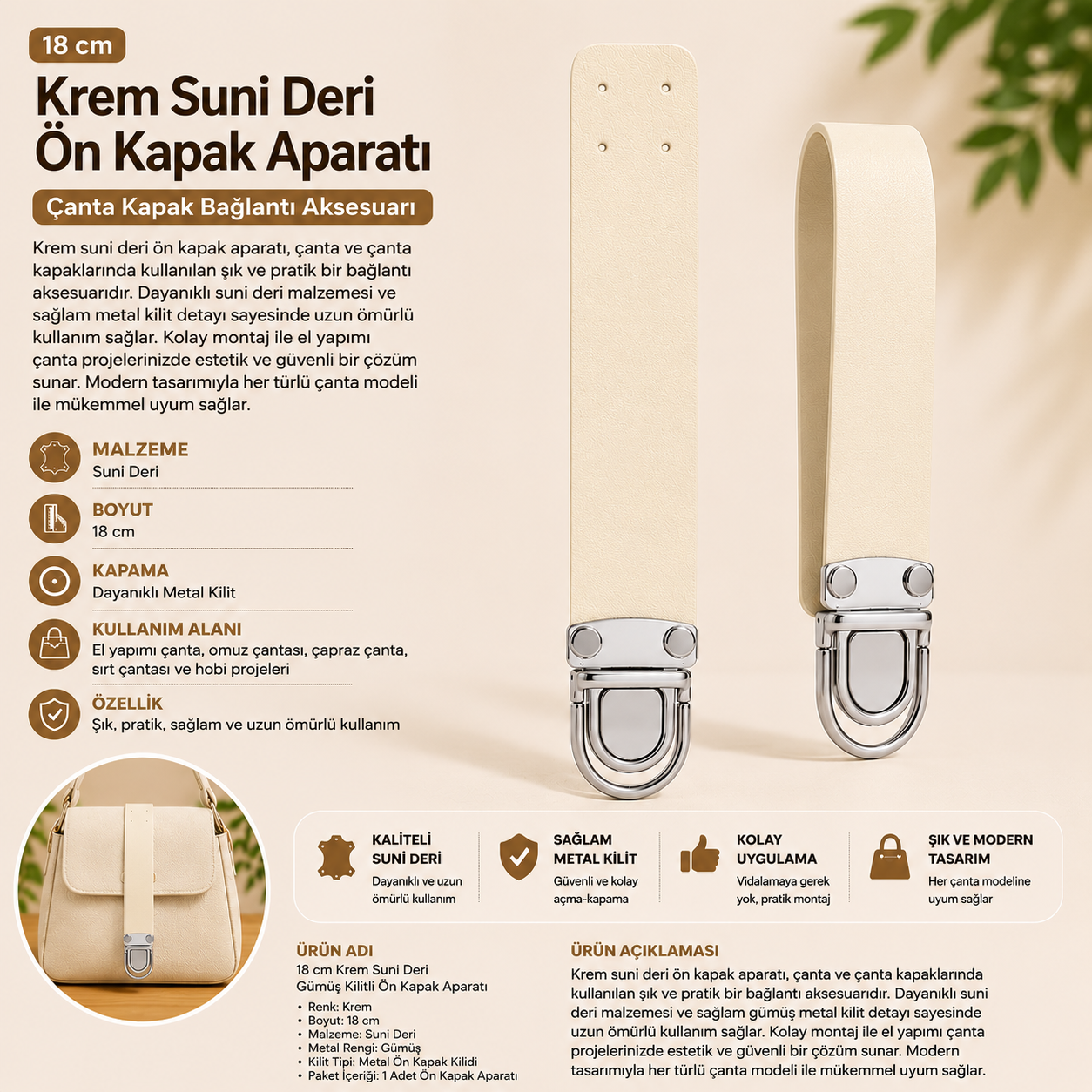 18 cm Krem Çanta Sapı – Gümüş Aparatlı Suni Deri Çanta Kapağı ve Kilit Seti