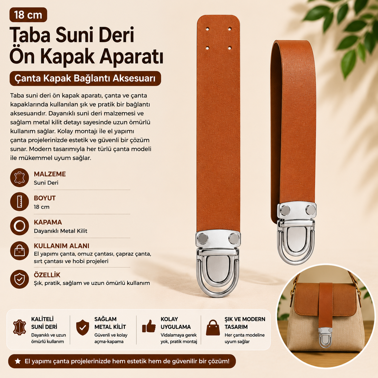 18 cm Taba Suni Deri Gümüş Kilitli Ön Kapak Aparatı