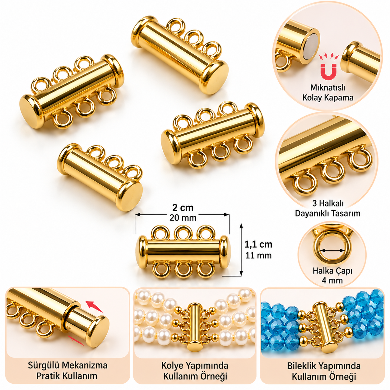 3 ( üç ) Halkalı Gold Renk Mıknatıslı Klips – Sürgülü Kolye ve Bileklik Kapama Aparatı