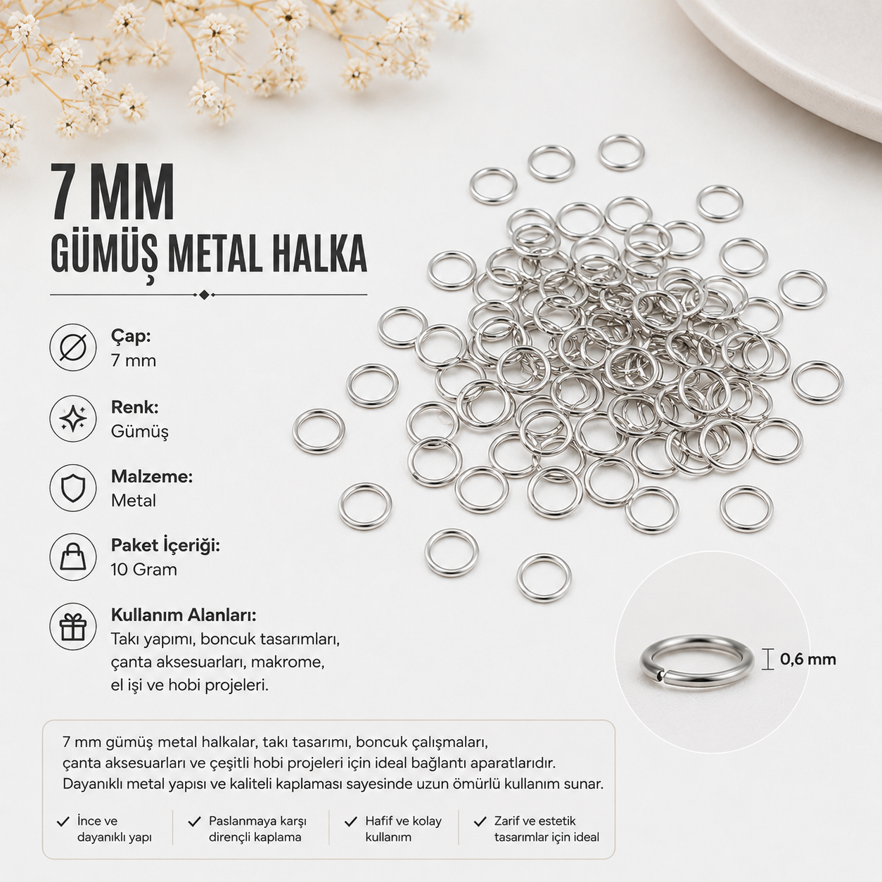 7 mm Nikel Renk İnce Metal Halka – 10 Gr