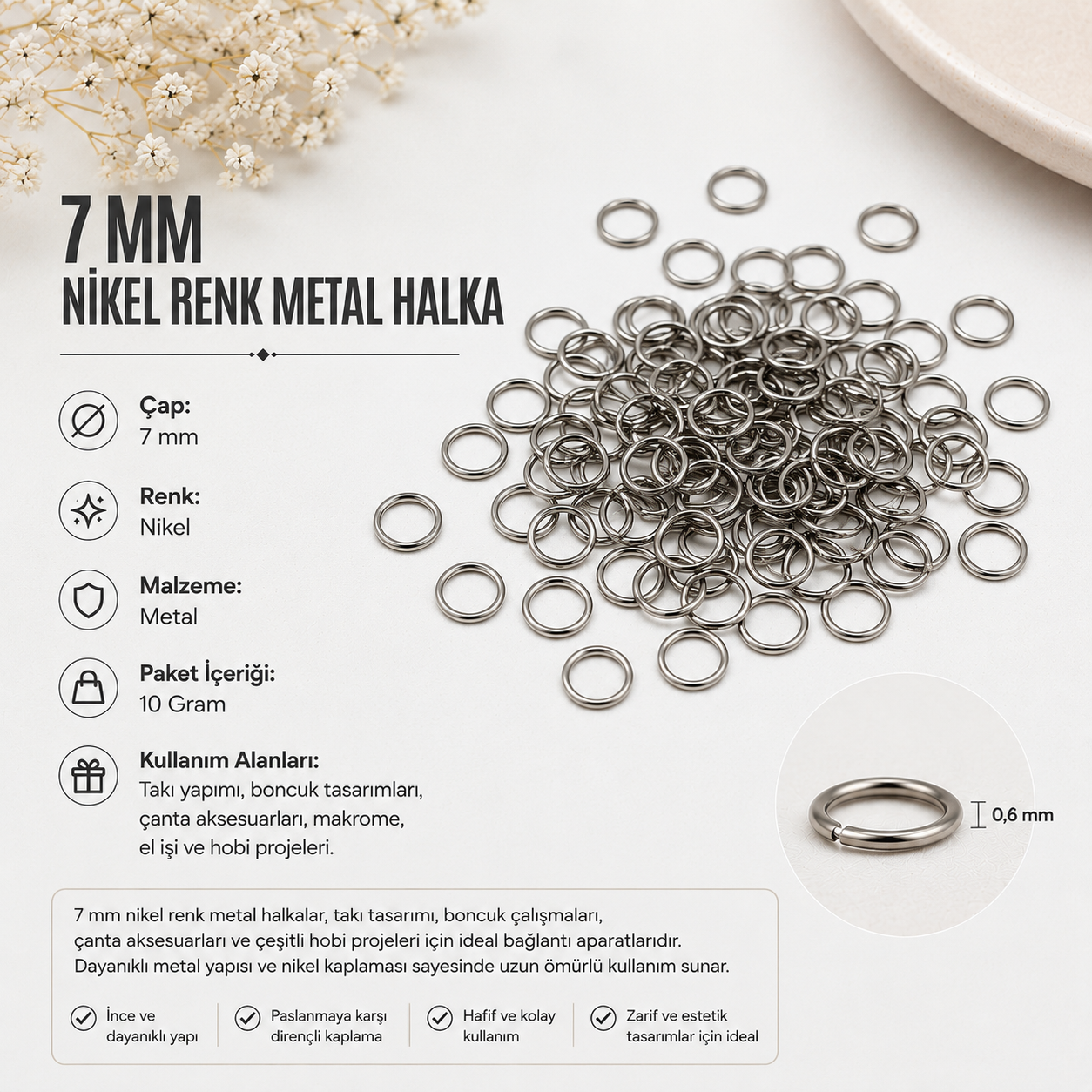 7 mm Nikel Renk Metal Halka – 10 Gr