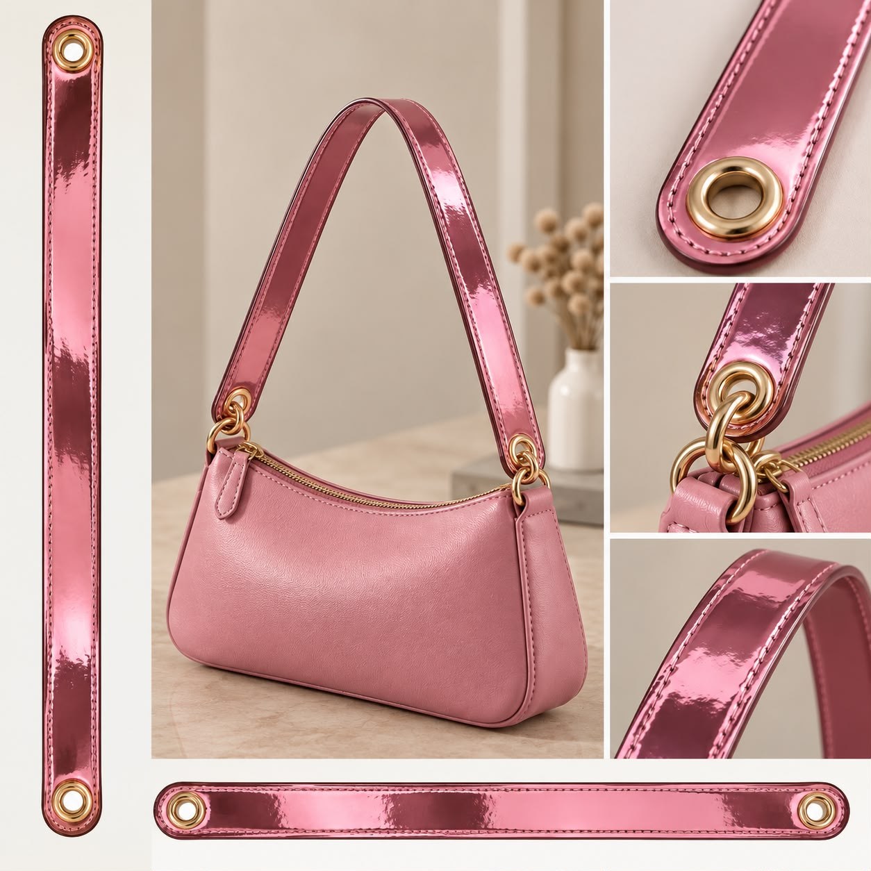 Açık Pembe Metalik Rugan Deri Çanta Sapı – Gold Kuş Gözü Detaylı Çanta Askısı (2.5 cm x 58 cm)