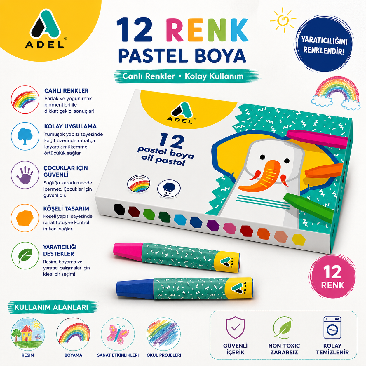 Adel Pastel Boya Karton Kutu Köşeli 12li