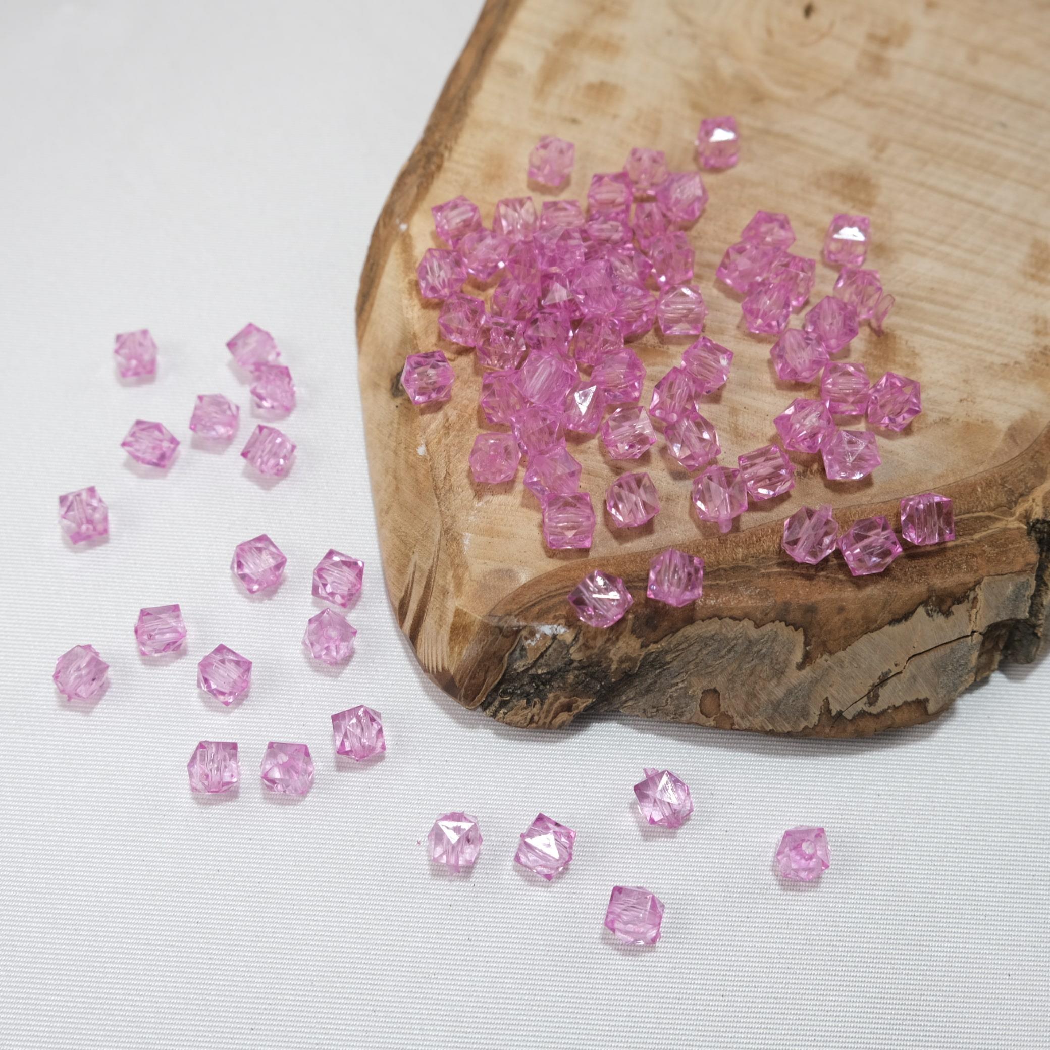 Akrilik Boncuk Küp 10 mm Pembe Renk Kübik Model Akrilik Çanta ve Takı Boncuğu 500 Gram