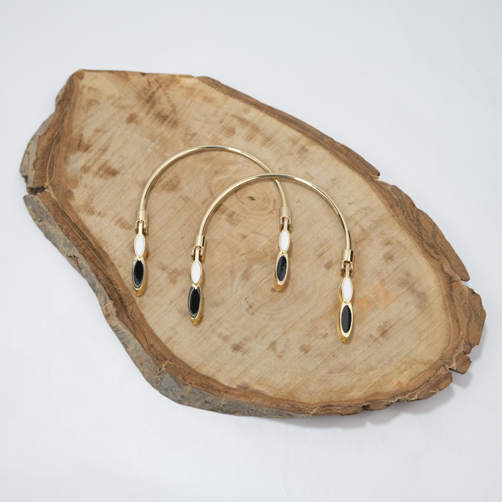 Altın Sarısı Metal Çanta Sapı Siyah Beyaz İşlemeli Vidalı Çanta Sapı