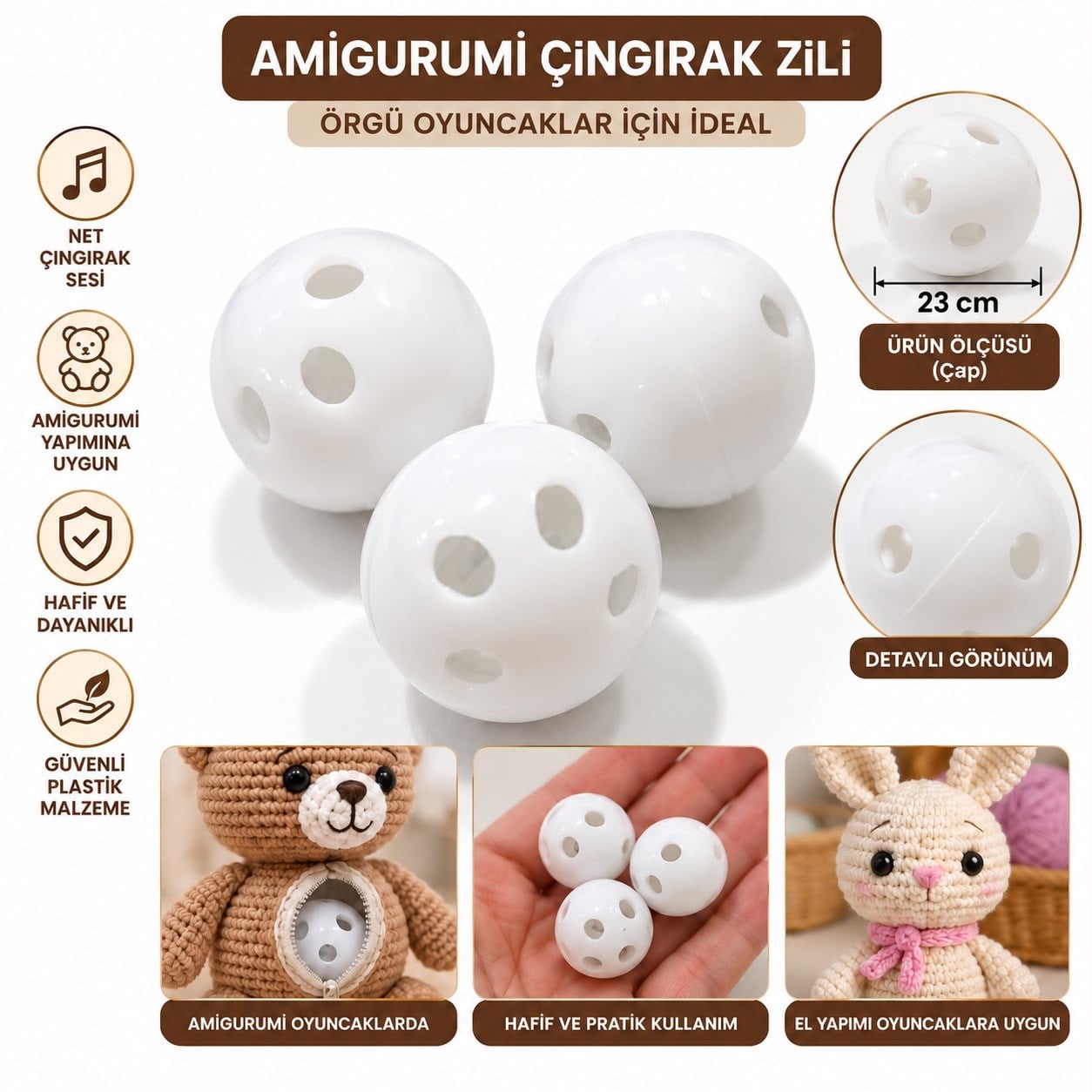 Amigurumi Çıngırak Zili 3 Adet – El Yapımı Örgü Oyuncak Malzemesi (2.3 cm)