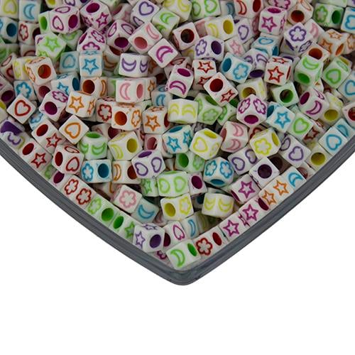Beyaz Üzeri Karışık Renkli Figürlü Plastik Küp Boncuk 50 Gr