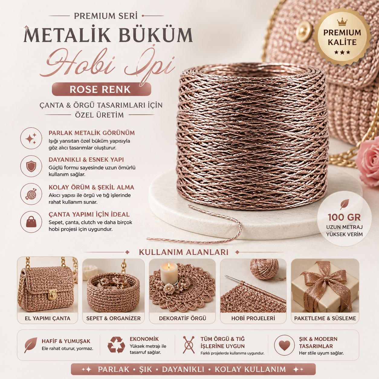 Çanta ve Örgü Hobi İpi Metalik Büküm Rose