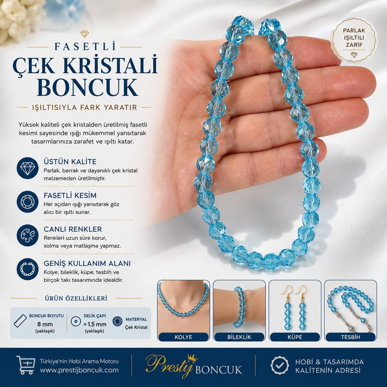 Çek Kristali Boncuk Dizisi Mavi 8 mm 