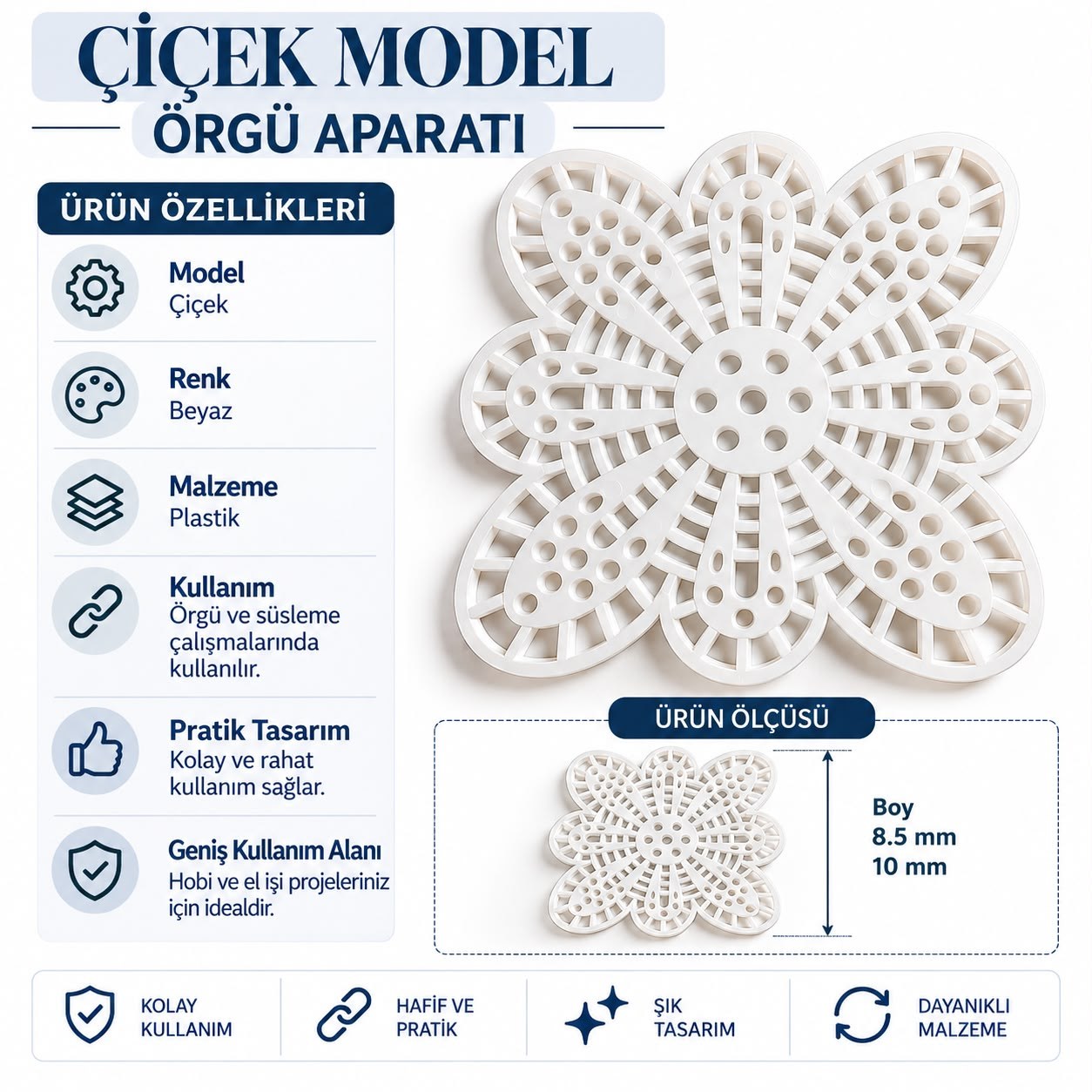 Çiçek Model Örgü Aparatı Beyaz Plastik 10’lu Paket