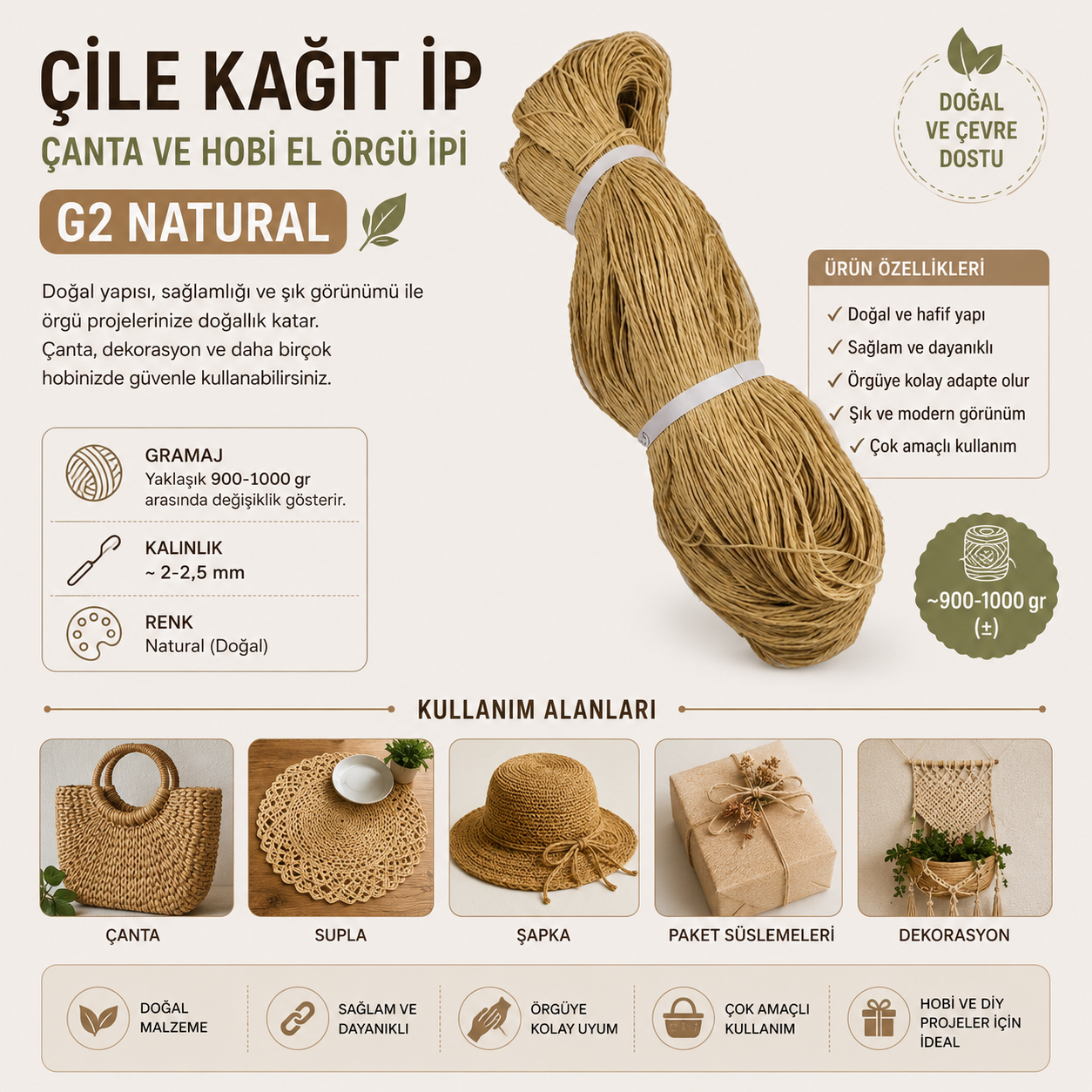 Çile Kağıt İp Çanta ve Hobi El Örgü İpi G2 Natural