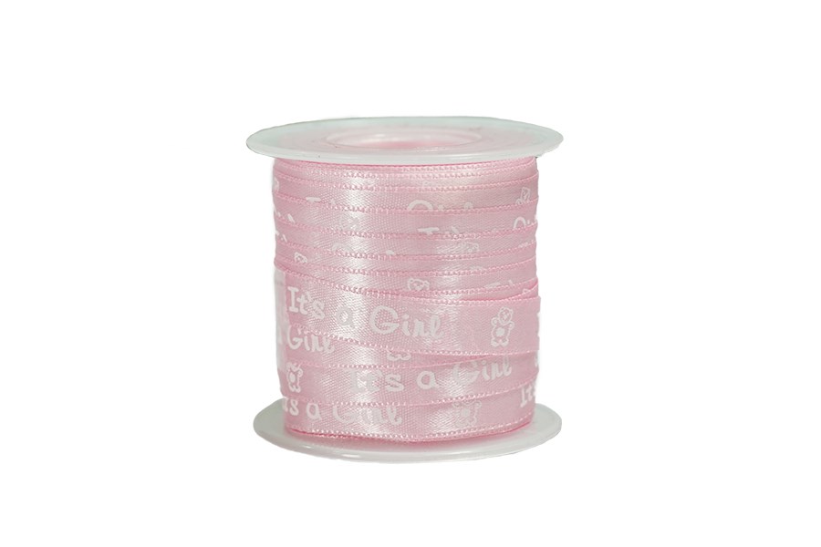 Desenli Pembe Saten Kurdele 1 cm