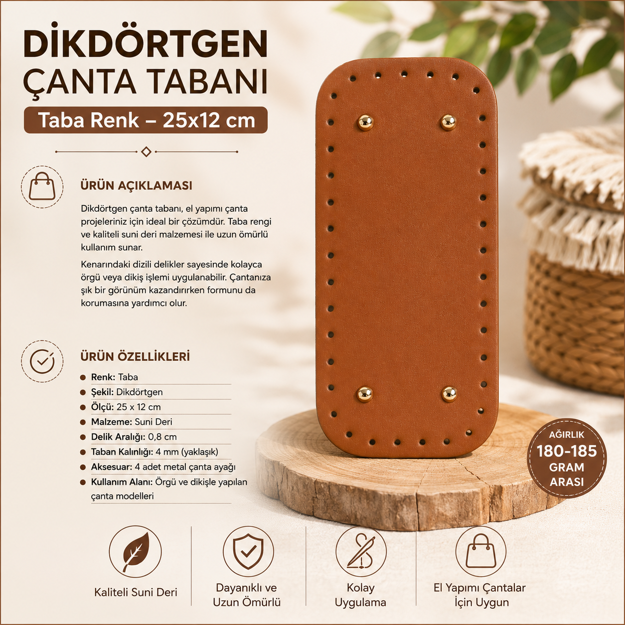 Dikdörtgen Suni Deri Çanta Tabanı Taba Renk 25 × 12 cm