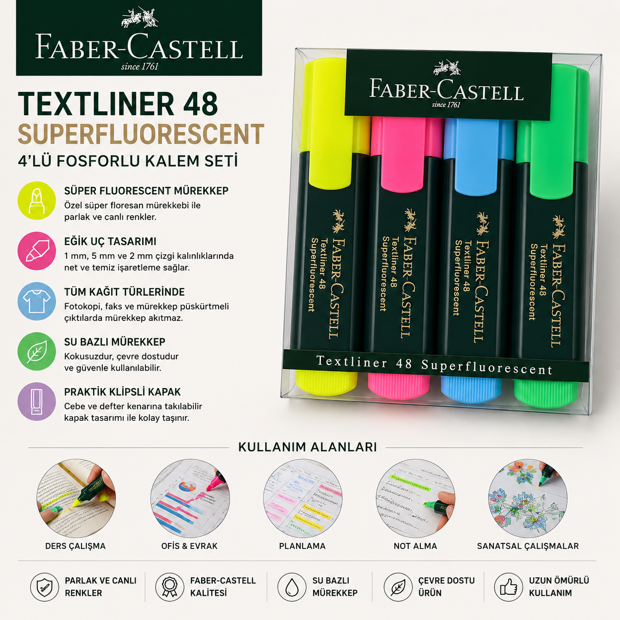 Faber Castell Fosforlu Kalem 4lü Poşet