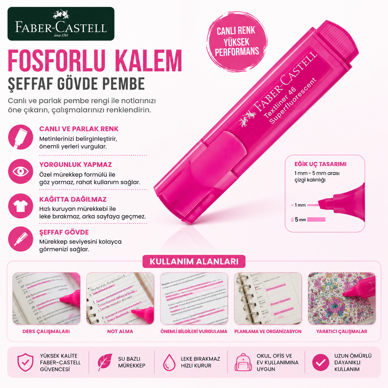 Faber Castell Fosforlu Kalem Şeffaf Gövde Pembe
