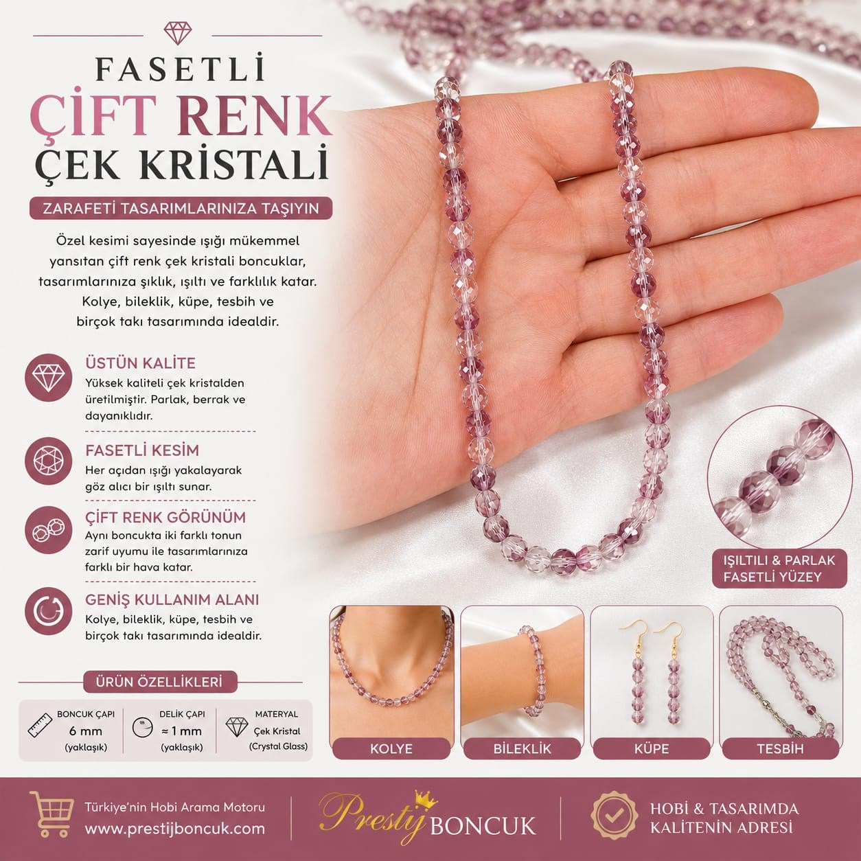 Fasetli Çift Renk Çek Kristali (6 mm)