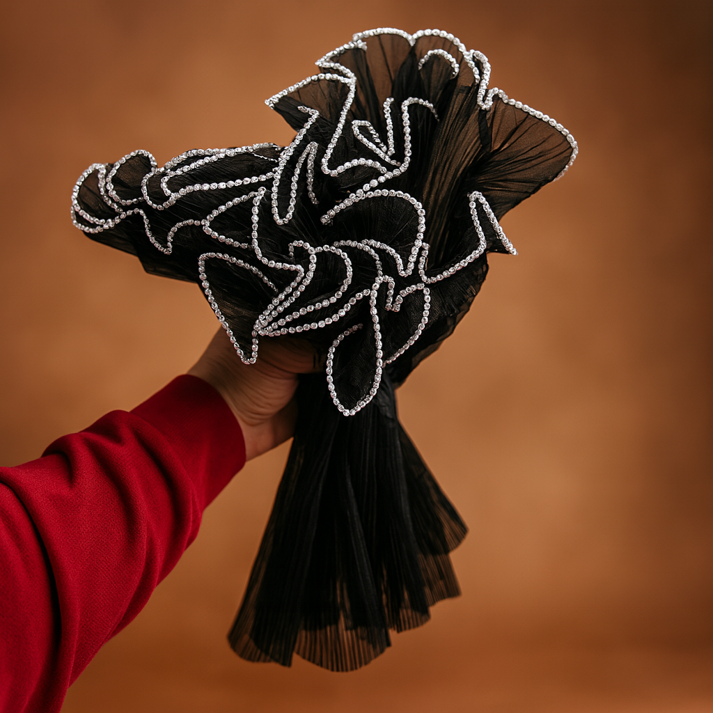 Gelin Buketi Tülü Siyah Renk Fırfırlı Ve Incili Lüks Tül Kumaş 48 cm x 4 Metre