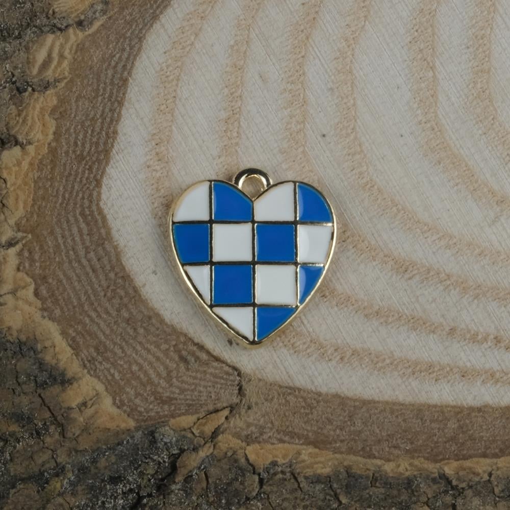 Gold Metal Kalp Figür Mavi Beyaz Dama Desenli Kolye Bileklik Ucu