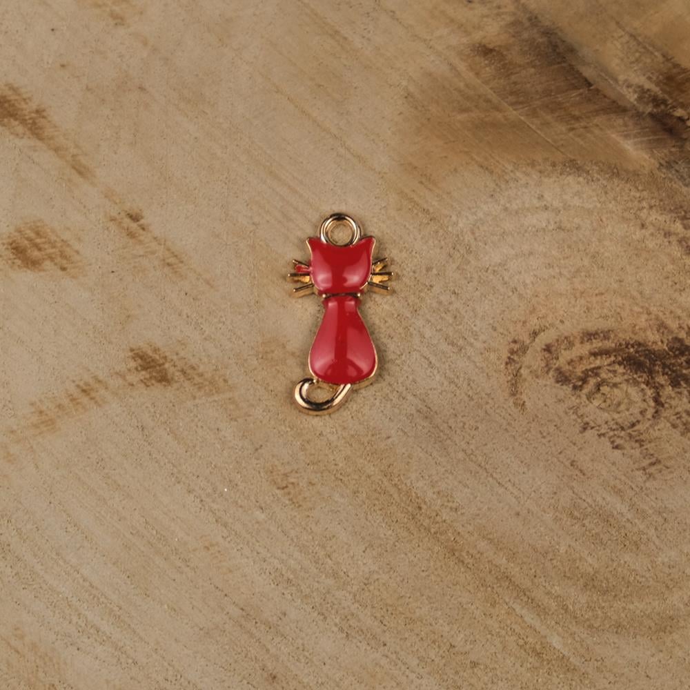 Gold Metal Kırmızı Kedi Figür Bileklik Kolye Ucu