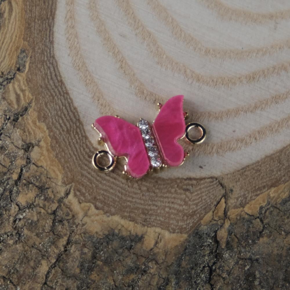 Gold Metal Taşlı Pembe  Kelebek Figür Kolye Bileklik Ucu