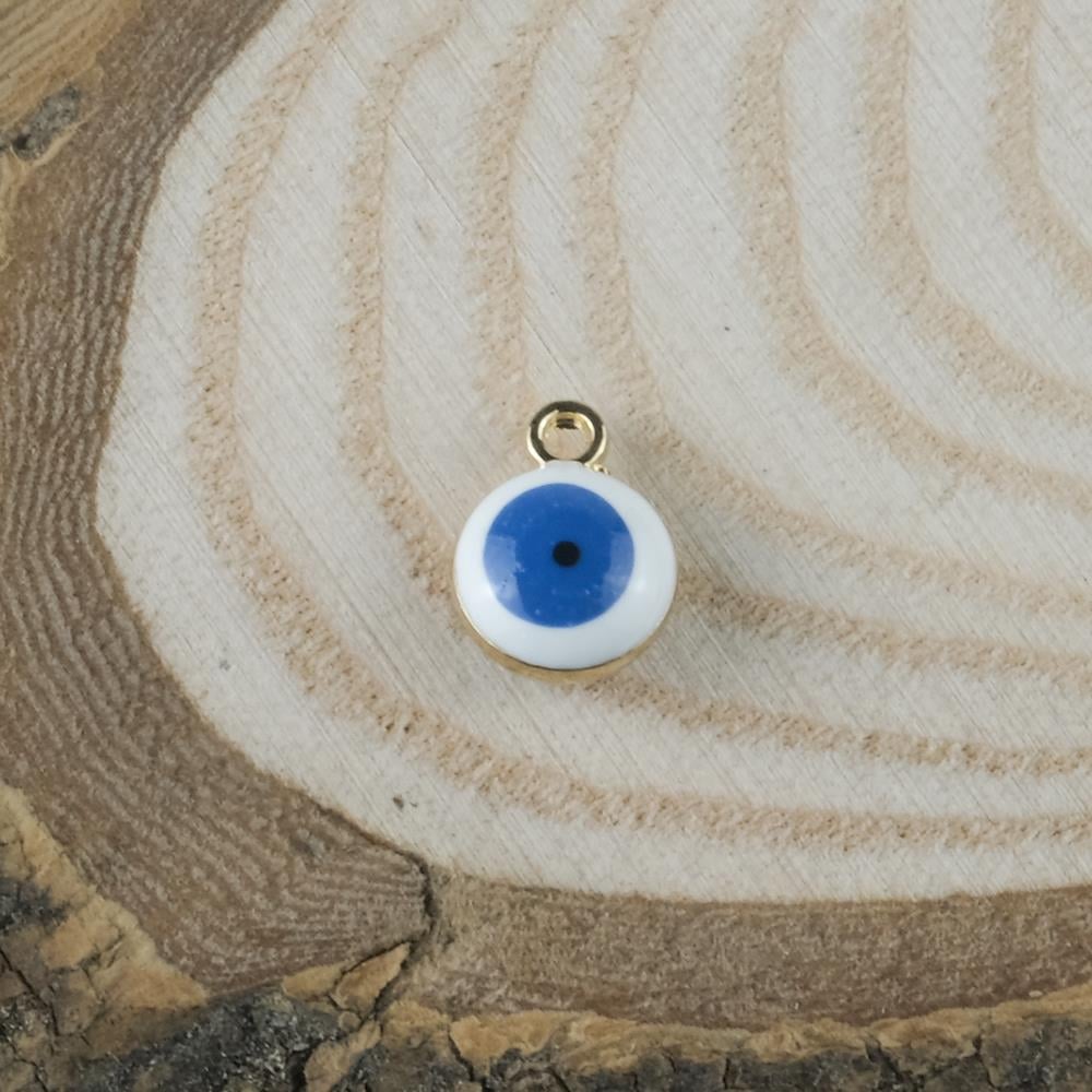 Gold Metal Yuvarlak Bombeli Çift Taraflı Beyaz Nazar Boncuğu Figürü Kolye Bileklik Ucu
