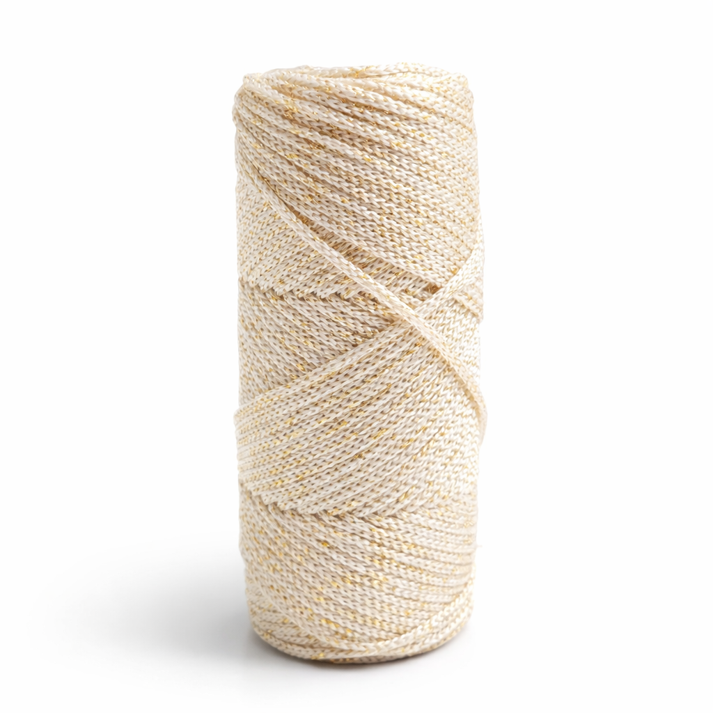 Gold Simli Krem Polyester Makrome El Örgü İpi 100 gr