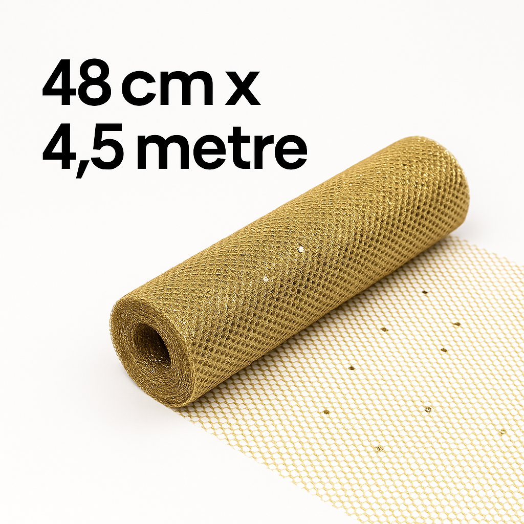 Gold Simli Örgü File Rulo Tül 48 cm x 4.5 Metre